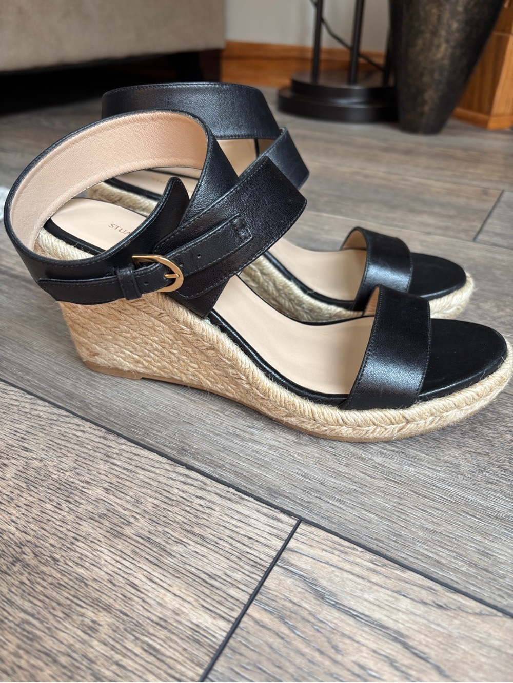 Stuart Weitzman Lexia Espadrille Leather Ankle Strap Black Wedge Sandal Sz 8 - Picture 2 of 16